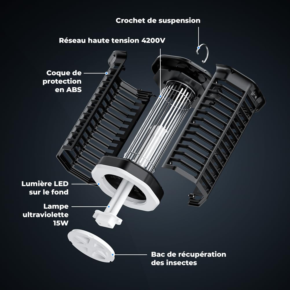 YISSVIC Lampe Anti Moustique 4200V Appareil Anti Mouche 15W Tueur Mouche Electrique IPX4 avec Éclairage LED Lutte Contre Moustiques Mouches et Autres Insectes Volants pour Interieur et Extérieur