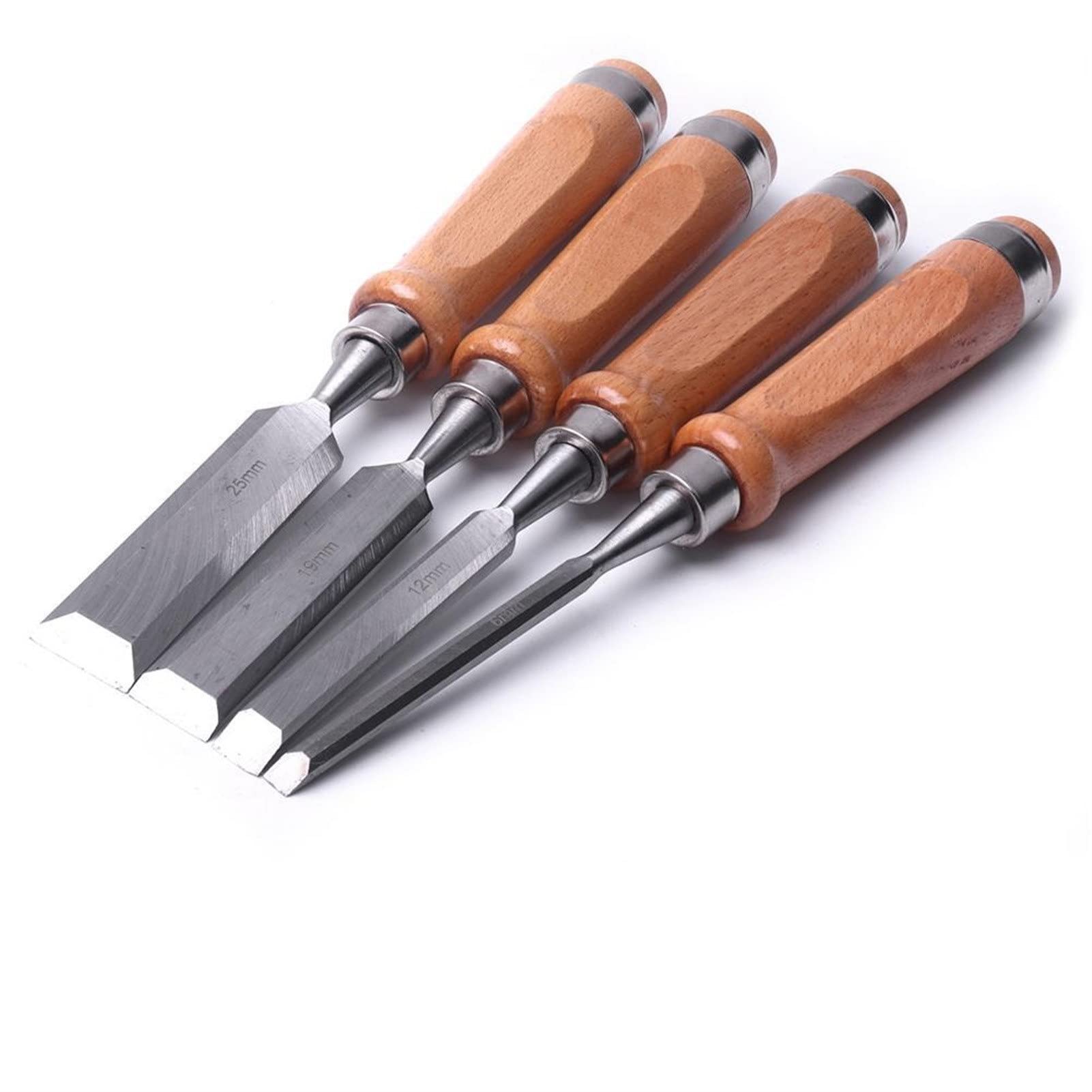Cincel, 4 Piezas Juego de Cinceles para Madera de Acero Al Cromo Vanadio de 280 Mm 6/12/19/25 Mm Cincel de Talla Plana Herramientas de Carpintero Cuchillos para Tallar Madera Graver