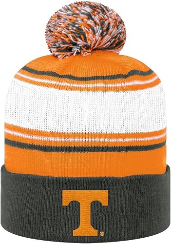 Collegiate Cuffed Knit Beanie Hats, Cuffed Knit Winter Beanies Available (Winter Pom Beanie, Tennessee Striped)