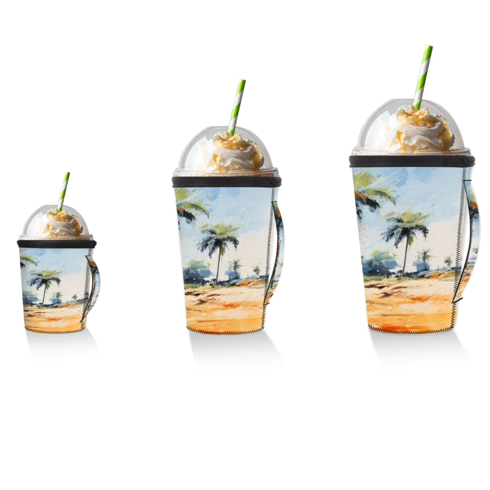 Abstract Hand Painted Coconut Beach Reusable Neoprene Coffee Sleeve with Handle Insulated Iced Coffee Cup Holder Reduces Condensation Fits 24-28 oz Cups M