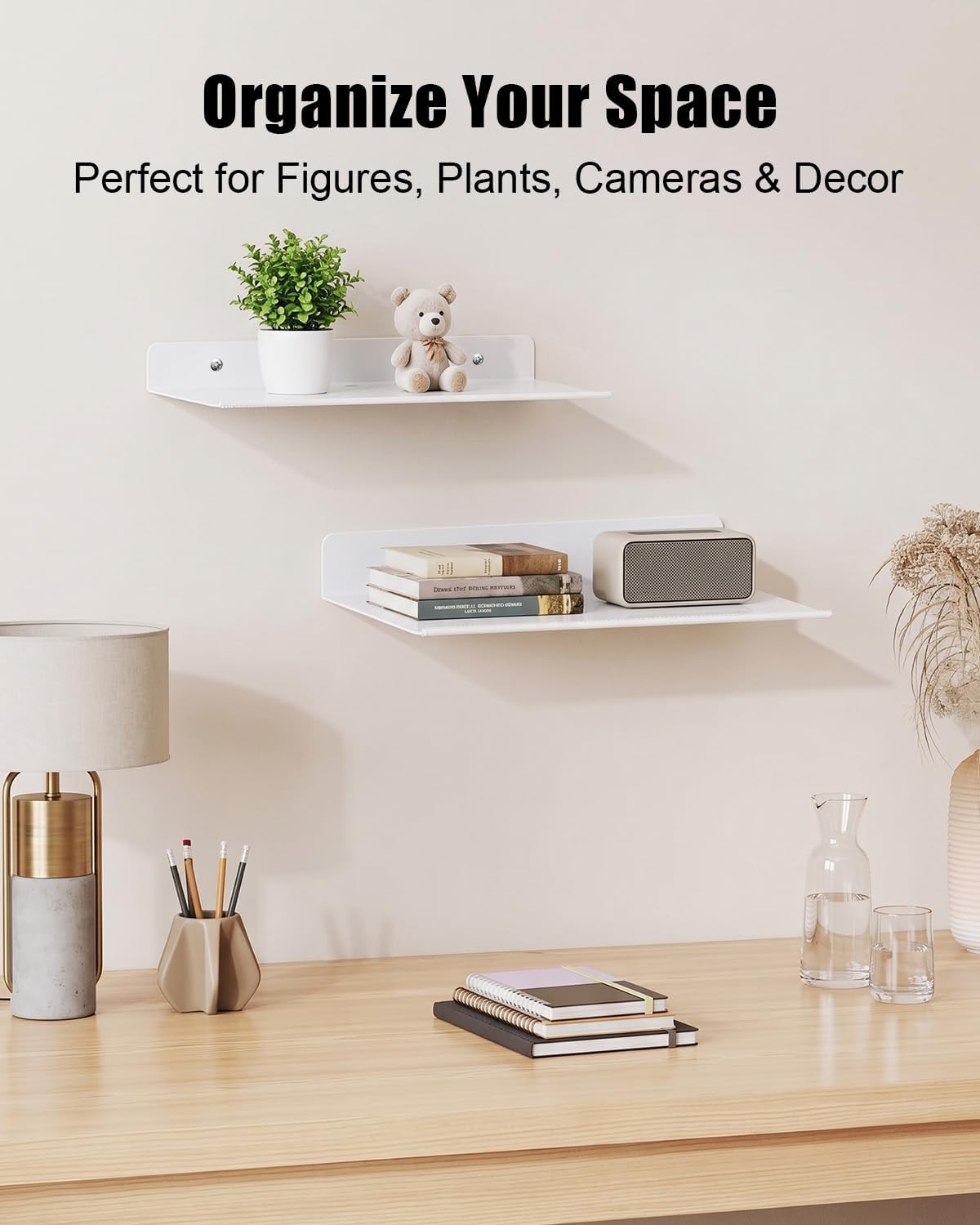 12" Floating Metal Wall Shelf 2-Pack, Wall Mount Router Shelf with Cable Hole, Heavy Duty Floating Shelves for Speakers Books Plants Cameras WiFi Router, Home Office Bathroom Storage Organizer