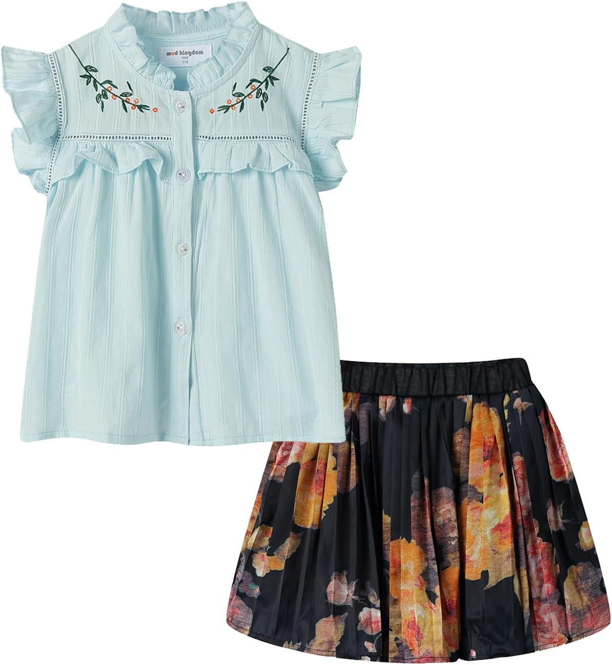 Mud Kingdom Little Girls Skirt Set Floral Ruffle Sleeveless Fashion Summer Holiday Blue Size 7-8