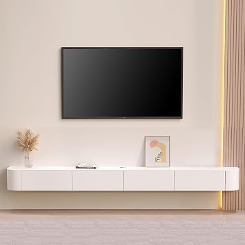 180/200/300CM TV Cabinet, Floating Shelves with Door & Drawers, Modern Entertainment Media Console Center Large Storage TV BenchWhite,180x20x24CM