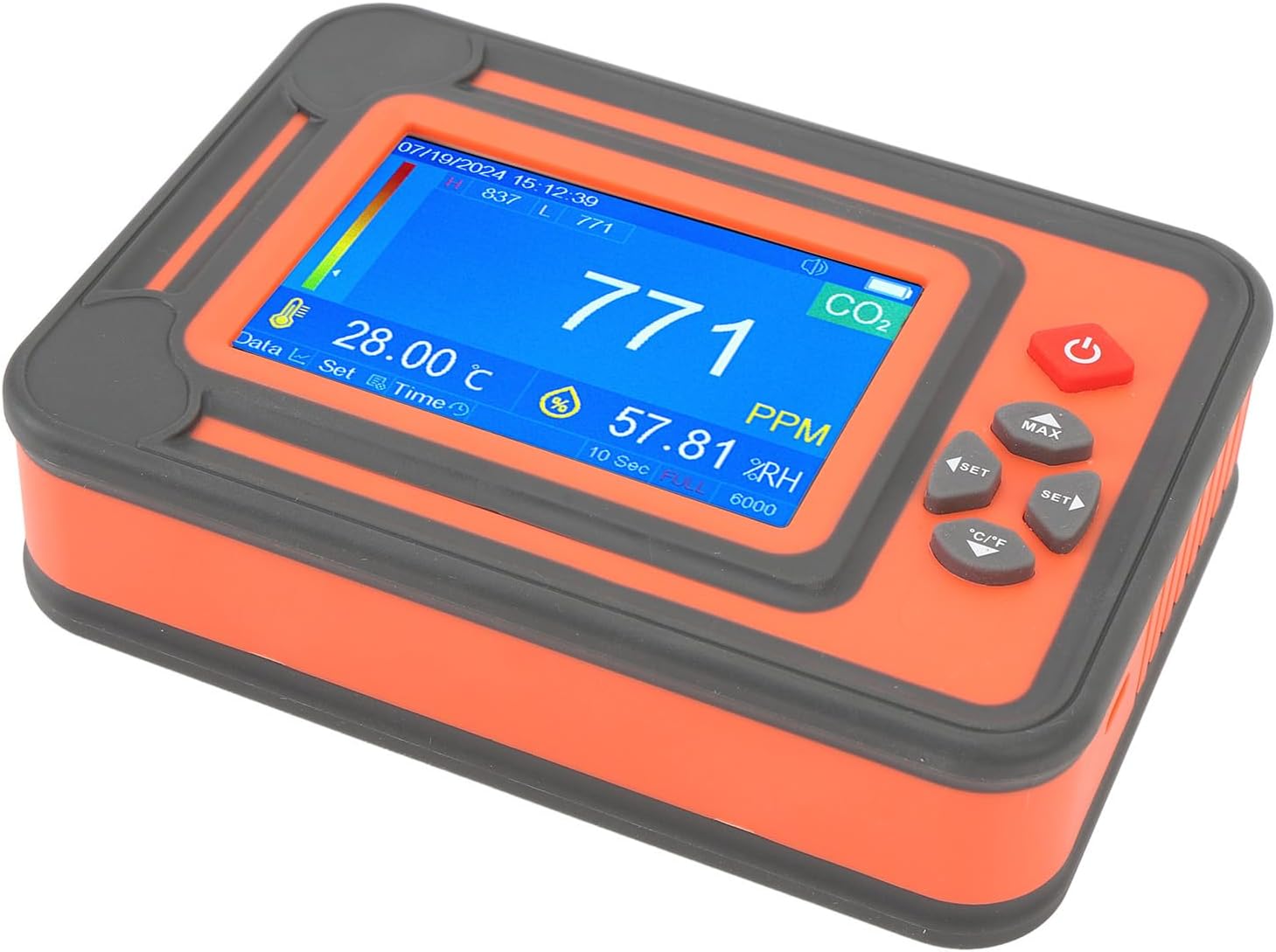 Carbon Dioxide Detector, 6000 Sets Data Storage Temperature Humidity Meter CO2 Meter Portable 3.5 Inch LCD Screen for Farms Breeding Industry (Red)
