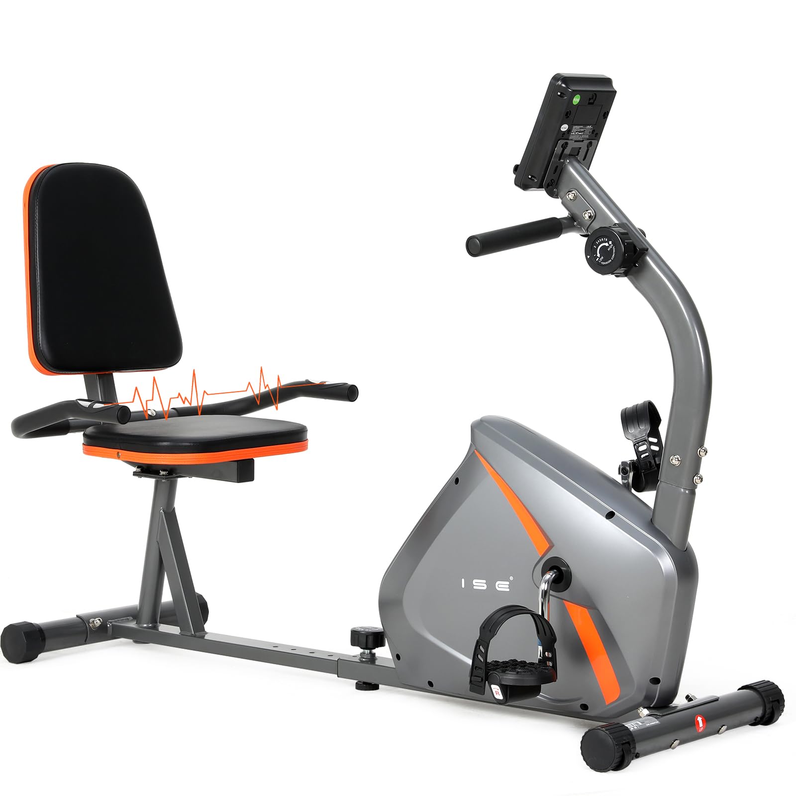 ISE Vélo d'Appartement Semi-Allongé Vélo Couché avec Frein Magnétique, Roues de Transport, Capteurs d'Impulsion, l'Ecran LCD, 8 Niveaux de Résistance Réglables, Velo d appartement Semi Allongé