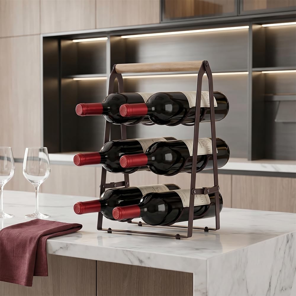 Stackable Metal Wine Rack for 6 Bottles Small Wine Rack Countertop Wine 3-Tier Storage Solution for Kitchen Bar Pantry Black