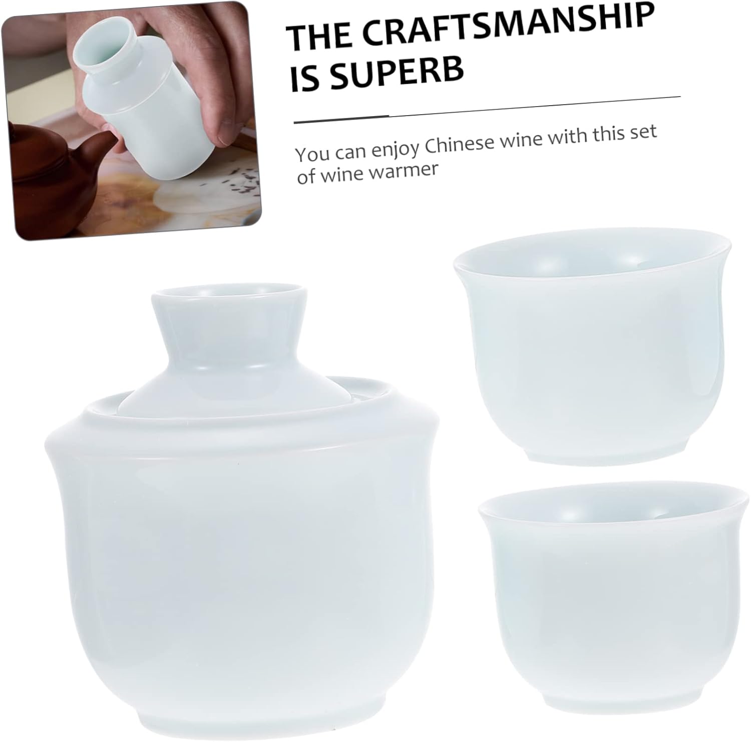 3pc Traditional Chinese Porcelain Wine Warmer and Cups Set with Kettle Perfect for Tea House