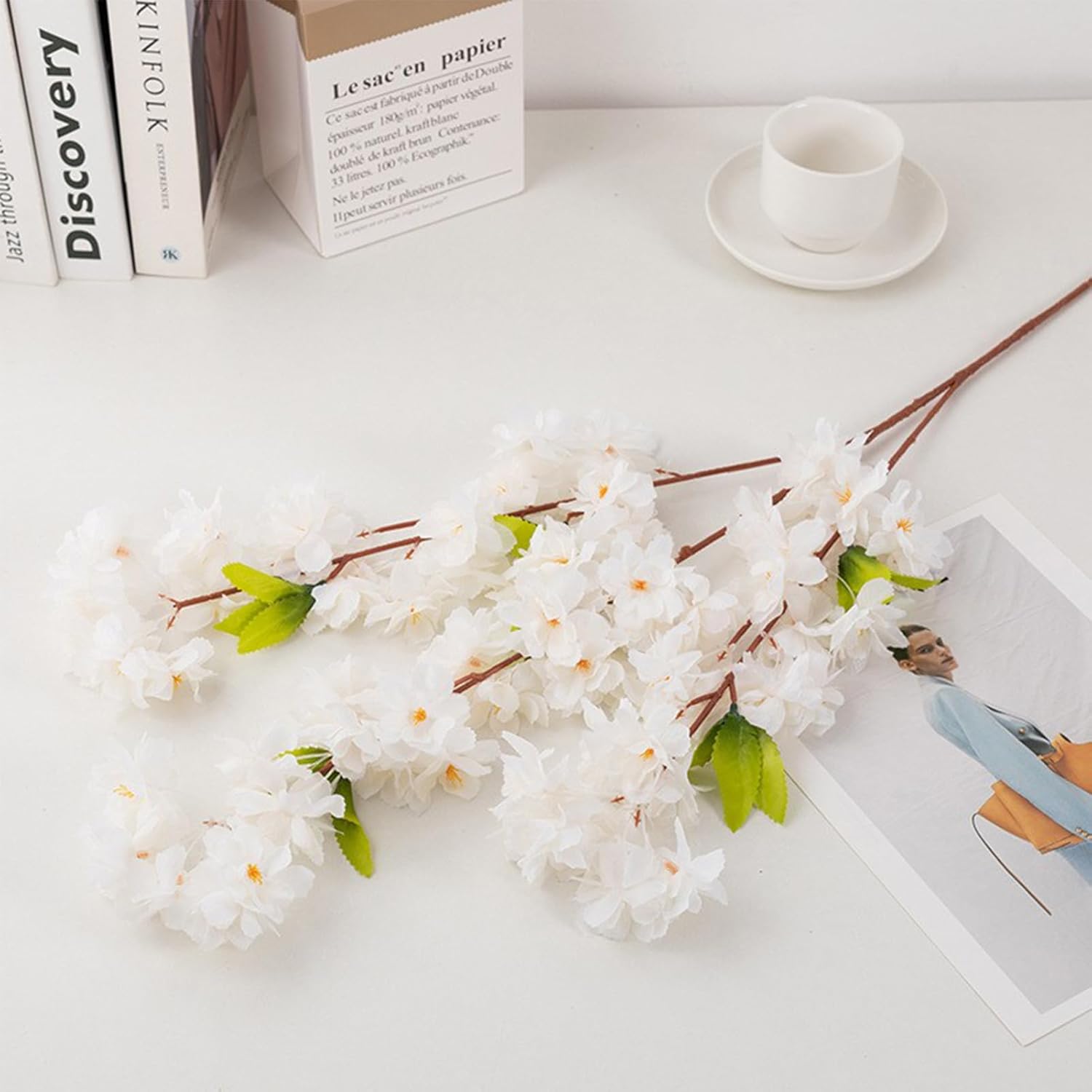 BestAlice 5PCS Faux Silk Cherry Blossoms Stem Artificial Flowers Branches Fake Floral for Home Garden Restaurant Hotel Parties Wedding Table Centerpieces Arrangements Decor(White)