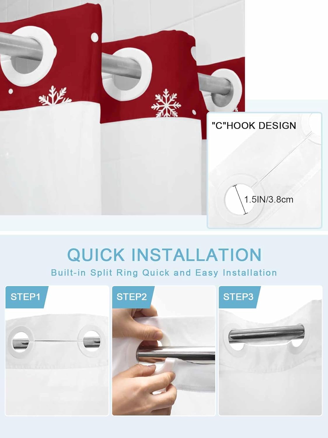 Winter No Hook Shower Curtain with Snap in Liner,Snowy Christmas Tree Snowflake and Snowman Waterproof Bath Curtain with See Through Top Window,Red Back Shower Curtains for Bathroom Decor,72x84in