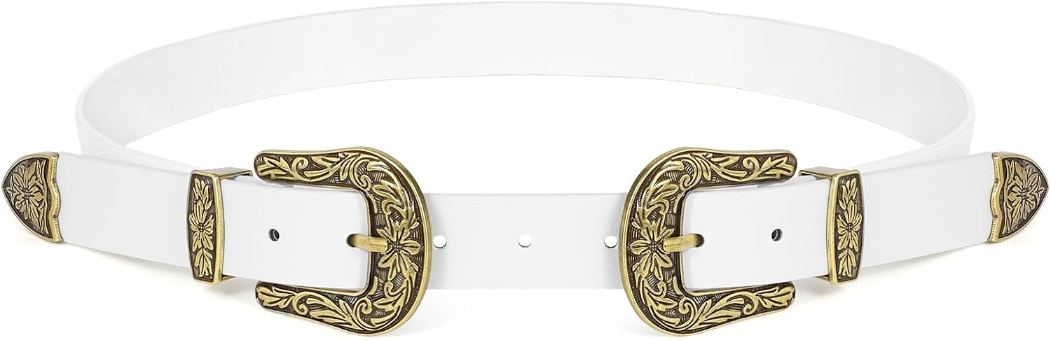 JASGOOD Double Buckle Western Belts For Woman Cowgirl Country Belt Vintage Black Leather Belt For Jeans Pants Dresses