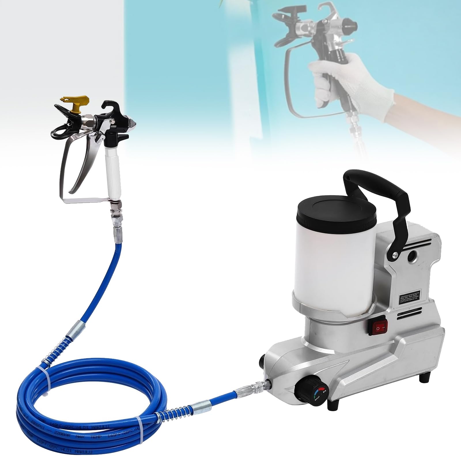 Wysokociśnieniowy Airless agregat malarski, 1600 W, regulowany przepływ 2,5 l/min, z pojemnikiem 2 l, do farb lateksowych, na bazie wody i oleju, do użytku wewnątrz i na zewnątrz
