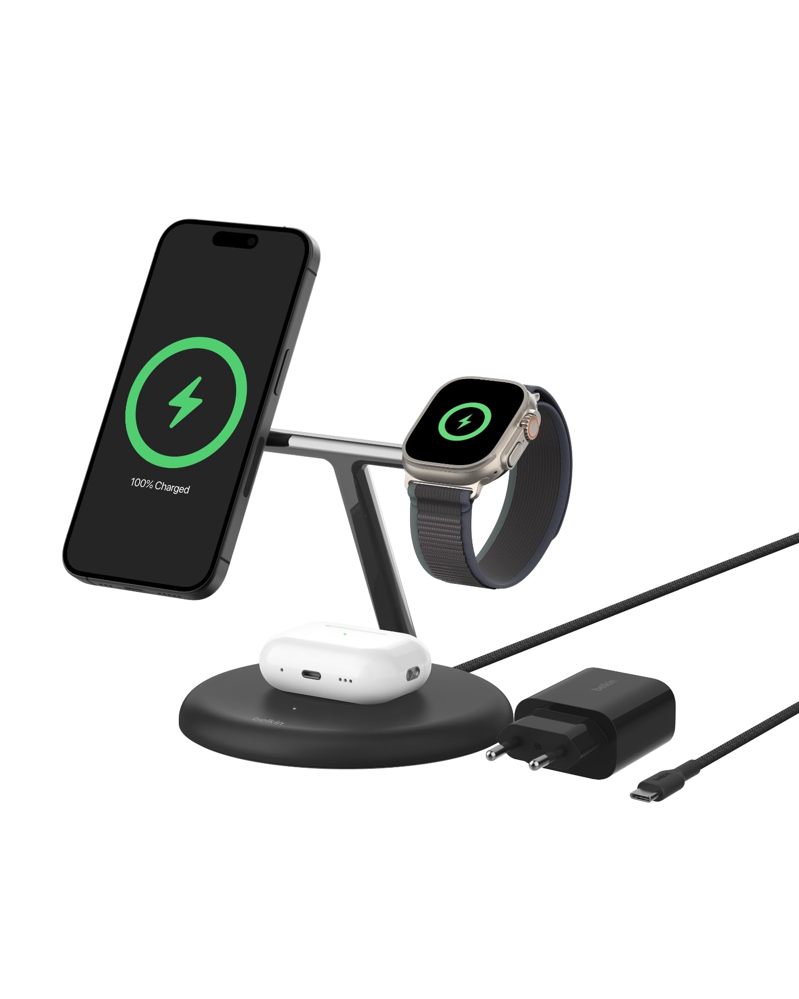 Belkin BoostCharge Pro Kabellose 3-in-1-Ladestation mit Qi2, 15W, MagSafe Kompatibel, Ladegerät Induktive für iPhone 17, Air, 16, 15, Pixelsnap, AirPods, Apple Watch, inkl. Netzteil – Schwarz