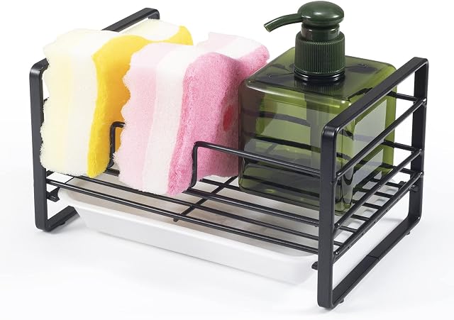 Sponge Holder Kitchen Sponge Holder Sink Organizer Sink Caddy Sponge Drain Rack Sponge Holder with Removable Drain Tray for Soap Dish Dispenser Brush Holder Storage Kitchen Accessories (Black)