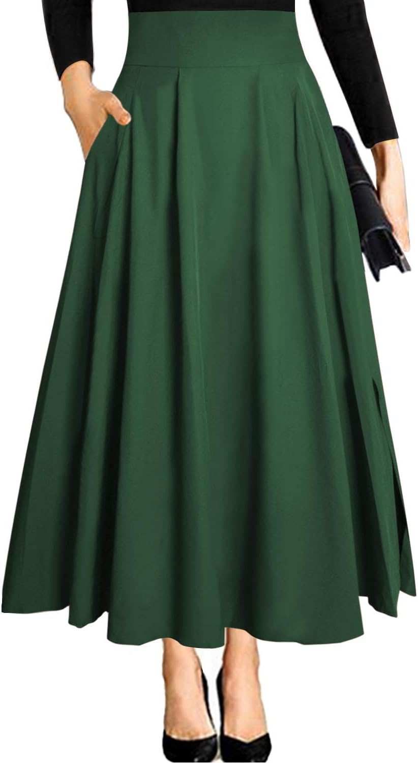 RANPHEE Women's Ankle Length High Waist A-line Flowy Long Maxi Skirt with Pockets