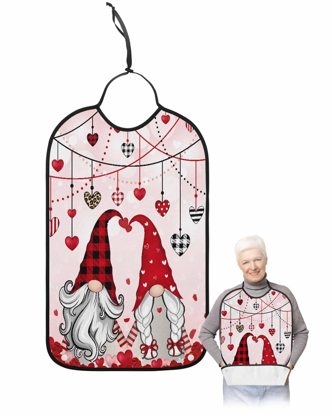 LEOKOTI Red Gnomes Valentines Day Adult Bibs for Eating, Waterproof Bibs with Food Catcher & Adjustable Snap Closure, Red Floral Love Heart Pink Washable Clothing Protectors Adult Bibs for Elderly