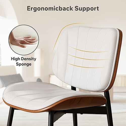 Miniatura 4 de Juego de 4 sillas de comedor, modernas de mediados de siglo, tapizadas de piel sintética, respaldo de madera curvada de nogal, patas de metal, color