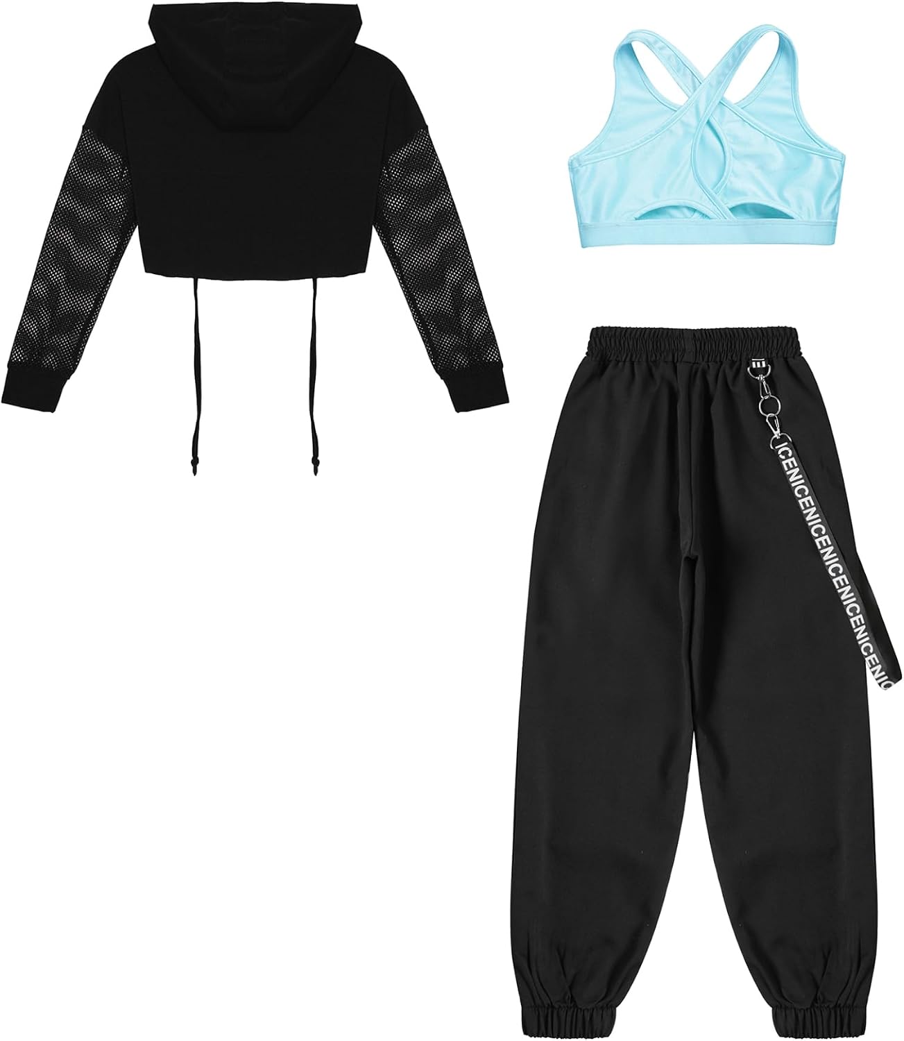 3-Piece Kids Girls Sleeveless Cross Back Top and Sweatpants with Long Sleeve Hooded Crop Top