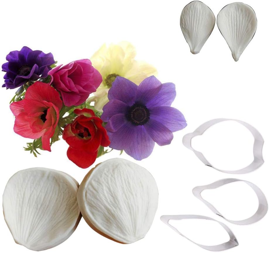 Flower Cookie Cutter & Silicone Mold Set - 4 Pieces Silicone Mold + 3 Pcs Stainless Steel Cutter - Food Grade, Non-Stick, Durable, Reusable, Bakeware, Cake Decorating Tool