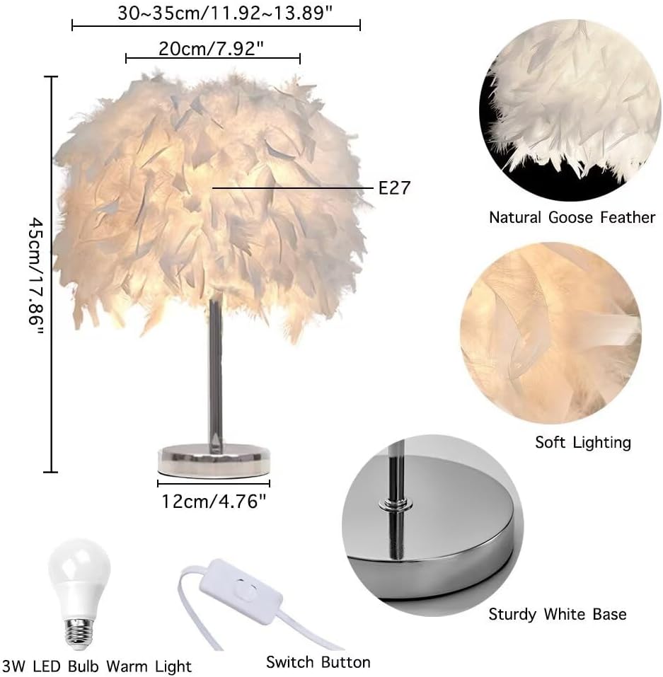 White Feather Table Lamp Bedside Lamp Table Light Desk Feather Lampshade for Bedroom, Home Decoration, Photography Props, Style 1,L