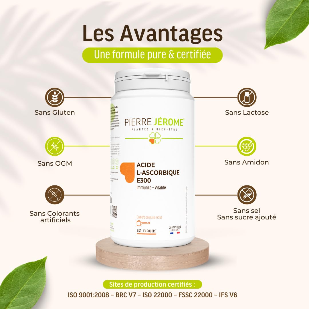 Acide L-Ascorbique E300 en Poudre Pierre Jérôme - 1000 G - Vitamine C Pure et Naturelle - Complément Immunité et Additif Alimentaire Cuisine Pâtisserie - 1 KG