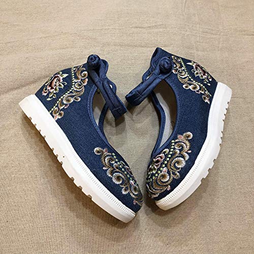 High Finish Floral Embroidered Women Canvas Flat Platforms Mid Top Ankle Strap Style Ladies Casual Denim Shoes Embroidered Shoes (Color : Black Size : 9)3