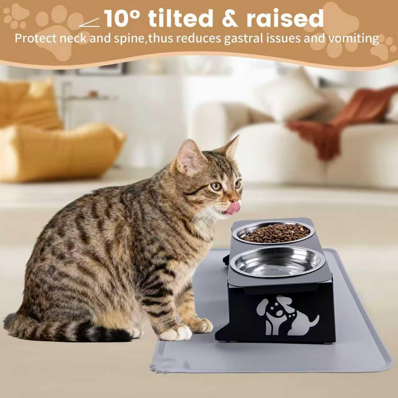 Elevated Cat Bowls with Food Mat,10° Tilted Anti-Vomiting Raised Cat Food Bowl for Small Cats and Puppies, Foldable 2 Stainless Steel Pet Bowl with Stand-Black