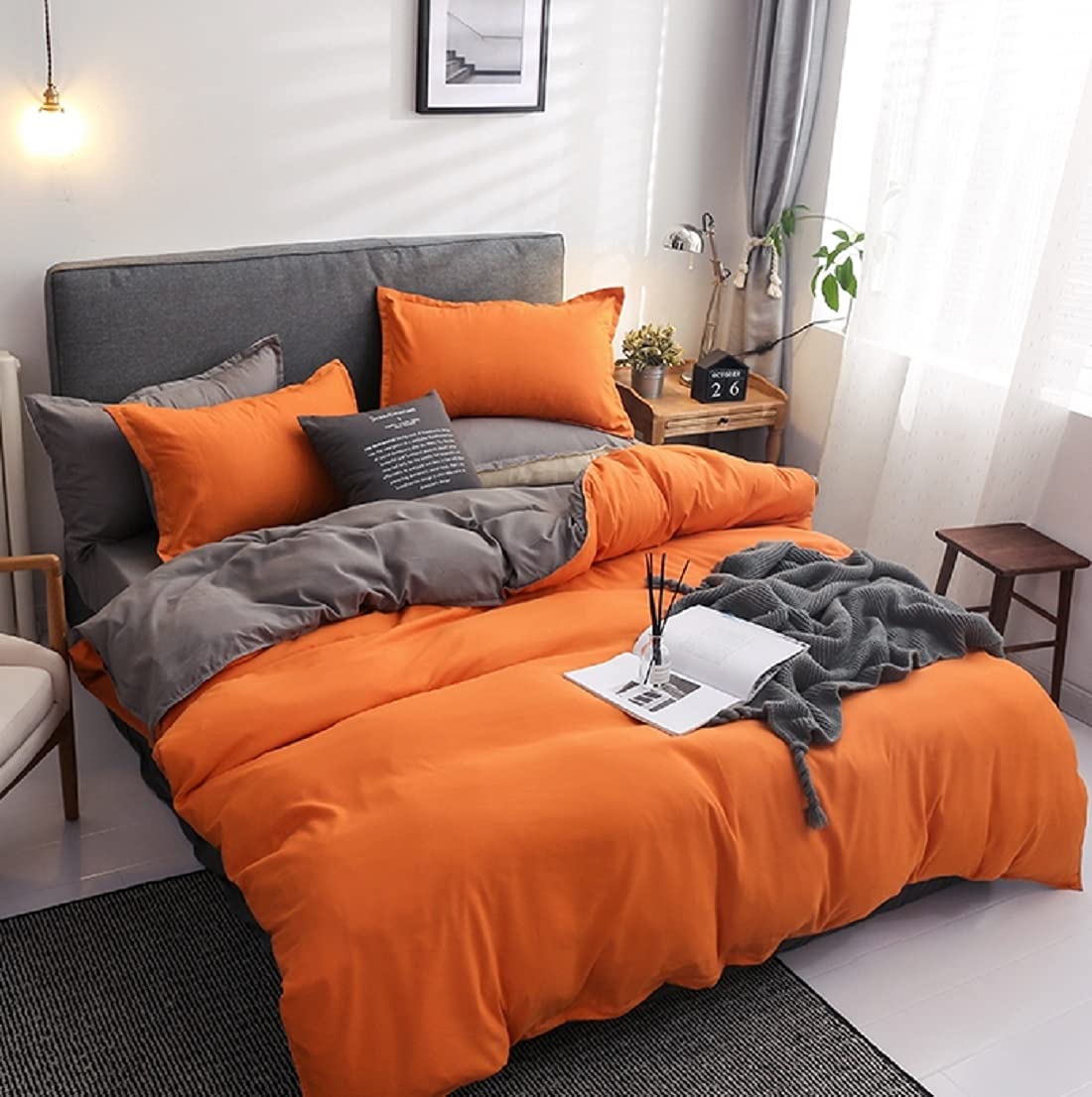 Gezu Sets de Housse de Couette 240x260 Orange Gris Unie Réversible Parure de Lit 2 Personnes Microfibre Enfant Adulte avec 2 Taie d'oreiller 65x65cm avec Fermeture Éclair