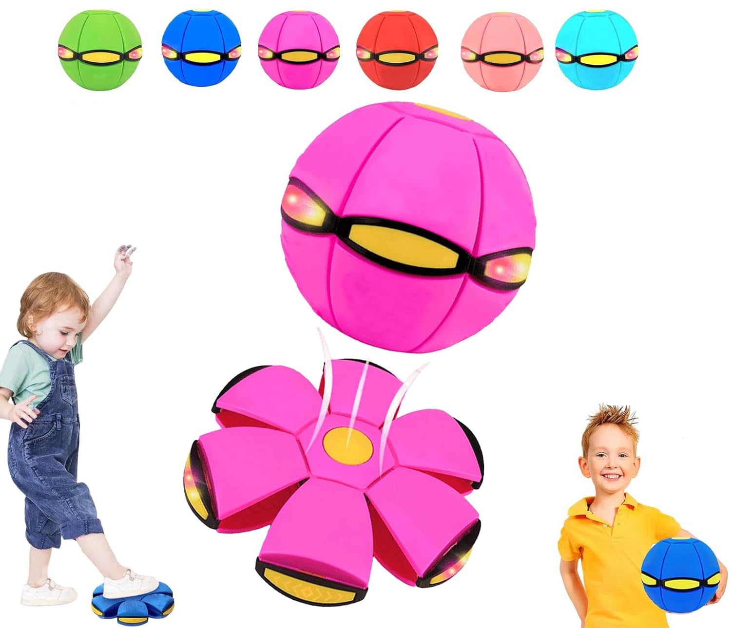 Magic Ball, Children's Bouncing Ball Magic Ball, Magic Flying Saucer, Parent-Child Interaction with 6 Light, Dual Form Freely Switchable, Suitable for Indoor & Outdoor Use (Pink)