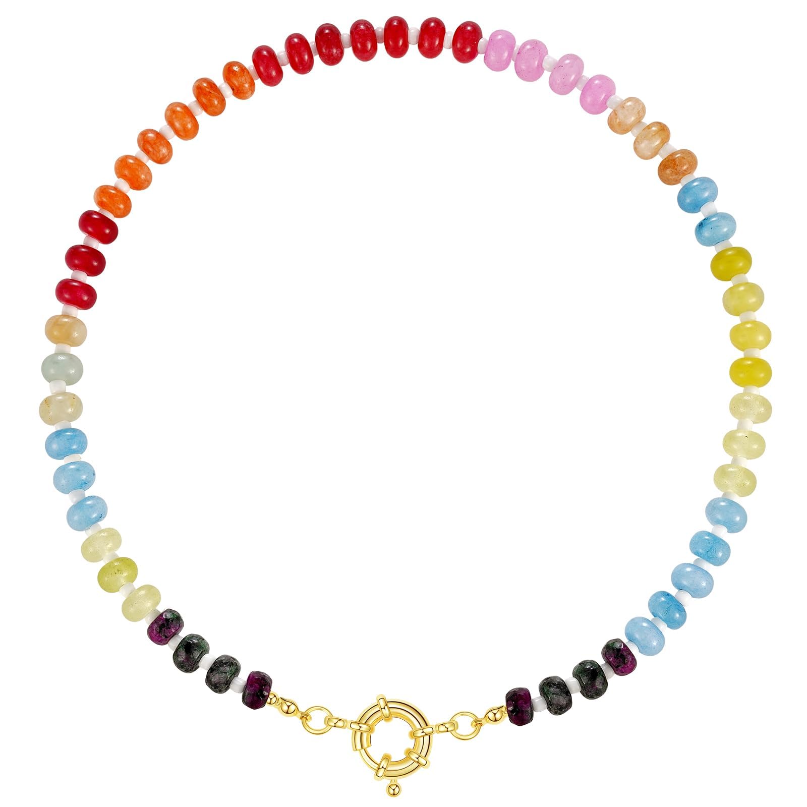 Beaded Gemstone Necklace for Women, Colorful Boho Bead Choker Natural Stone Surfer Beach Necklaces 14K Gold Plated Summer Handmade Jewelry