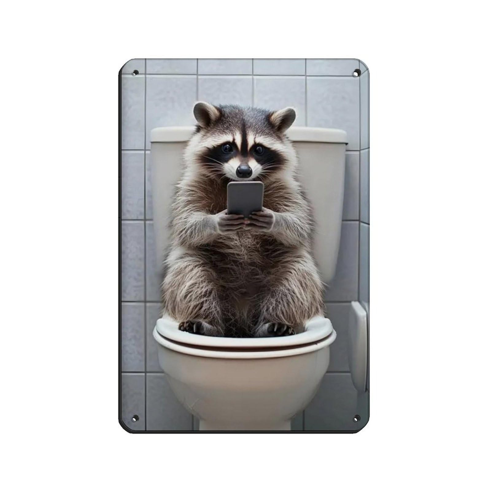Raccoon Sitting on The Toilet Watching Phone Retro Poster Metal Tin Sign Chic Art Retro Iron Painting Bar People Cave Cafe Family Garage Poster Wall Decoration 8x12inch(20x30cm)