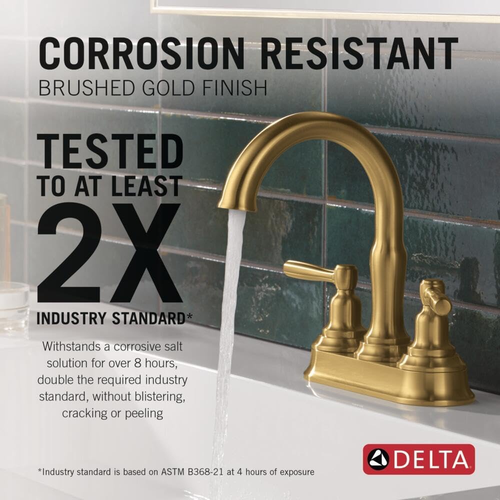Delta Roe Centerset Brushed Gold Bathroom Faucet, 4 Inch 3 Hole Bathroom Sink Faucet for Vanity, Push-Pop Drain Assembly, Brushed Gold 25985LF-GB
