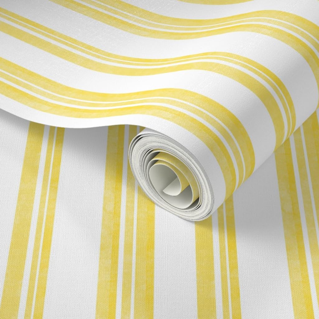 Spoonflower Peel & Stick Wallpaper Swatch - Yellow Painted Stripe Contemporary Limon Modern Coastal Summer Sunny Happy. Large Scale Custom Removable Wallpaper