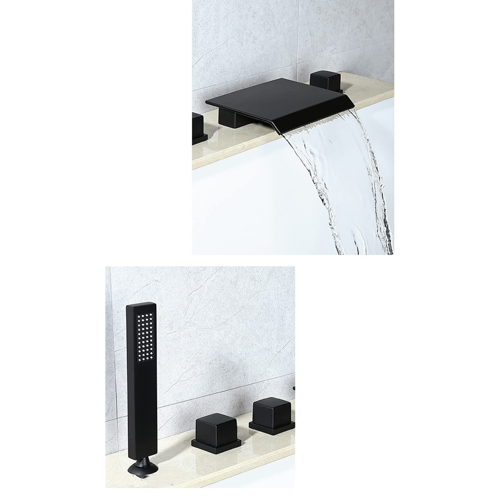 Grifo de bañera con caño de Cascada y Ducha de Mano, Color Negro Mate, Grifo de bañera de Montaje en Cubierta, 5 Orificios, 3 manijas, Grifo Mixto para baño, Grifo de bañera de alt