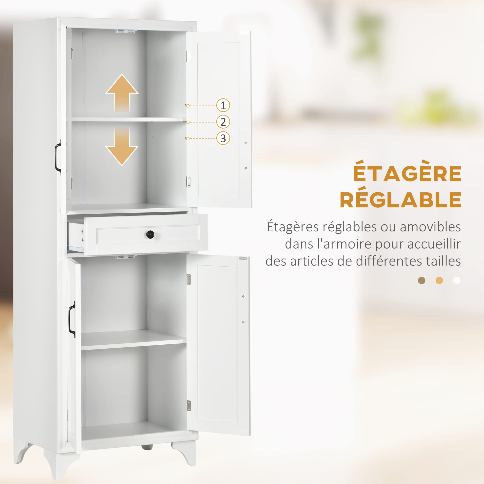 HOMCOM Buffet Haut Armoire de Cuisine 4 Portes 2 placards et 1 tiroir Central Hauteur 170 cm avec étagère réglable - Blanc