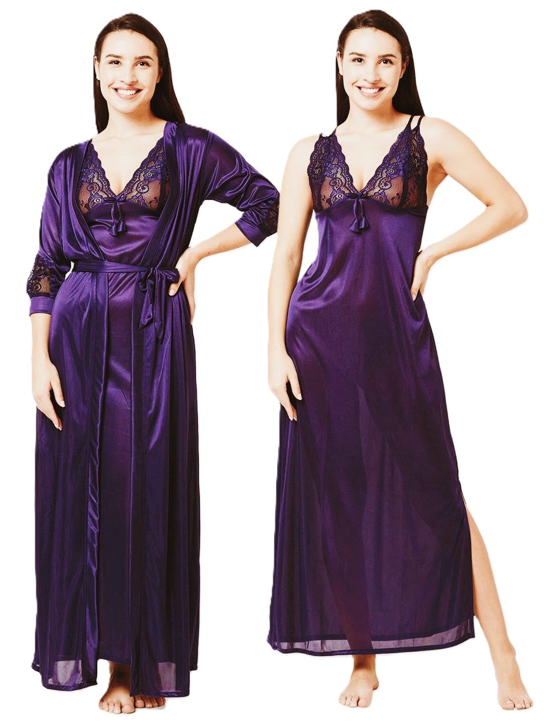 ledelav Women's Satin Maxi Night Dress Full Sleeve Gown Comfortable & Fancy Sleepwear for Ladies Ankle Length Nightwear 2pcs Set with Robe-picture-14