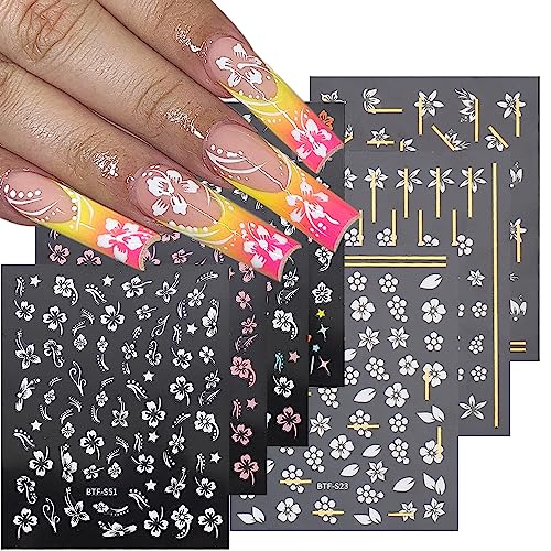3D Hibiscus Flower Nail Decals - Summer Nail Art Decoration, Pink & White Flowers, Tropical Leaves, Acrylic Nails