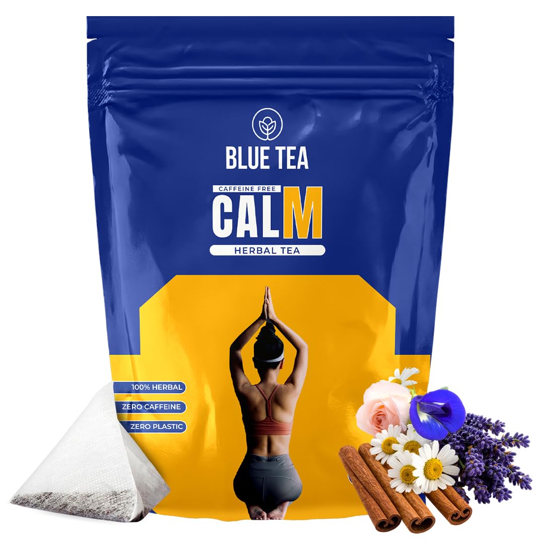 BLUE TEA - Calm Tea - 30 Tea Bags - Plant Based | Chamomile - Lavender - Rose | CALMING BLEND | Stress Relief - Sleep Support - Caffeine Free - Gluten Free - Non-GMO |Shark Tank Featured| Ziplock Pack