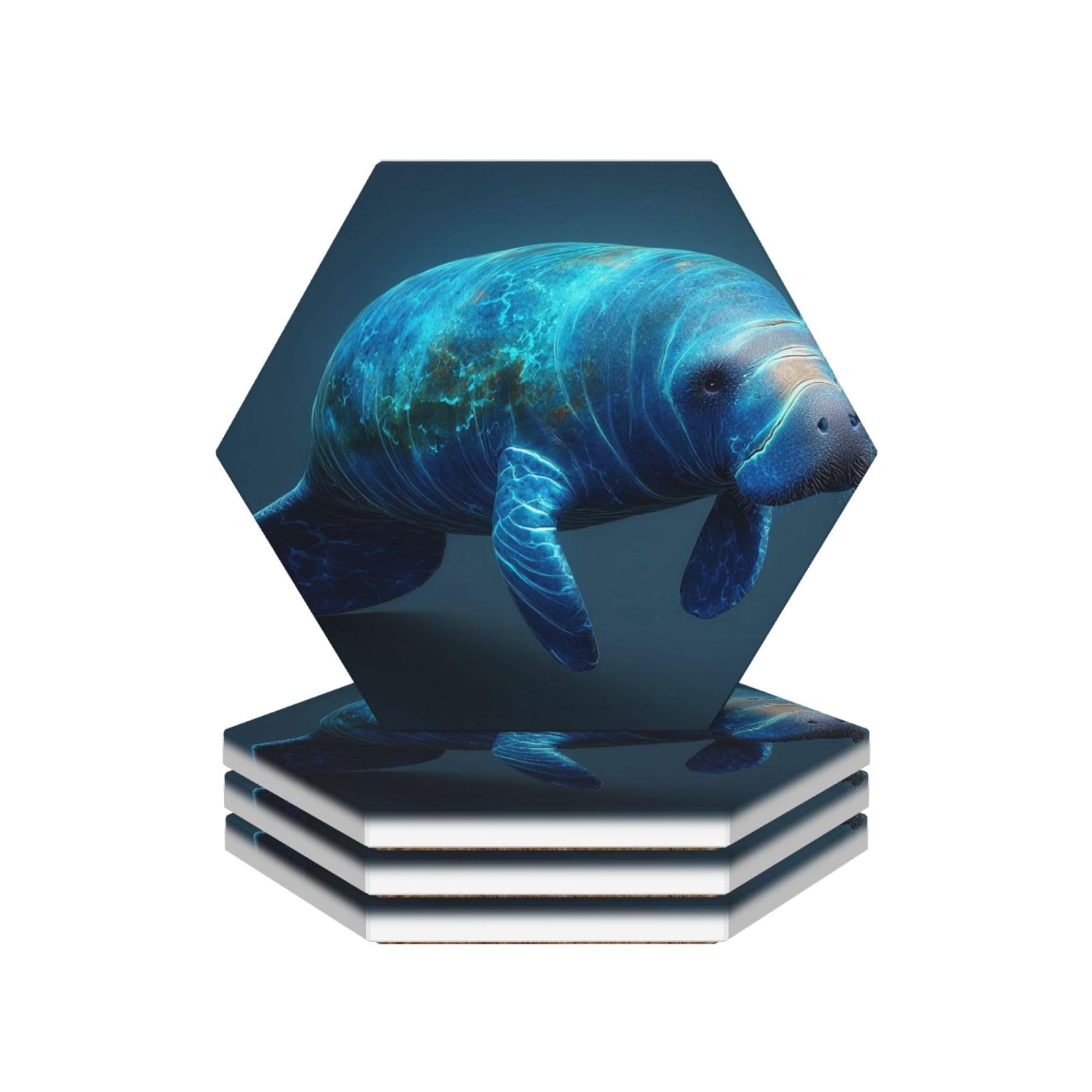 Drink Coasters Set of 4 Coffee Ceramic Coaster Ocean Animal Manatee Coasters for Drinks Coffee Cup Mat Heat Resistant Tabletop Protection Coaster Desk Accessorie Home Decorative