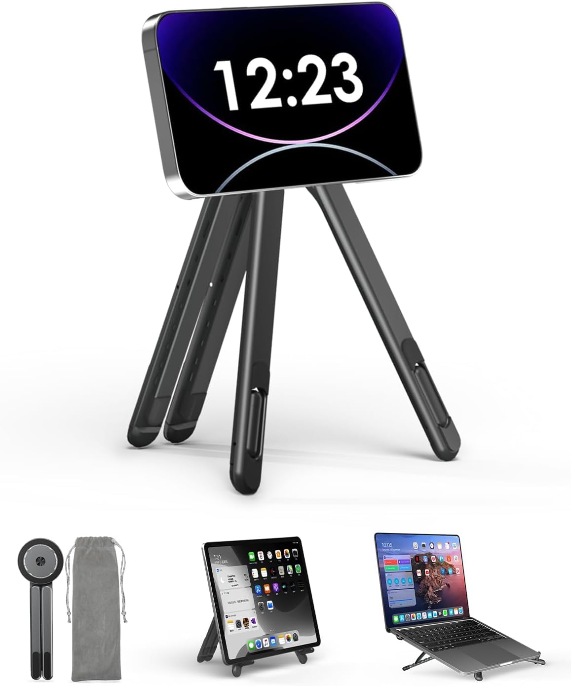 Magnetic Phone Tripod Stand, 3-in-1 Adjustable Holder for iPhone iPad Laptop, 8-Level Height & Angle, Portable Aluminum Alloy Desktop Stand, Compatible with 4-13” iPhone, 10-16” Laptops & Tablets-picture-32