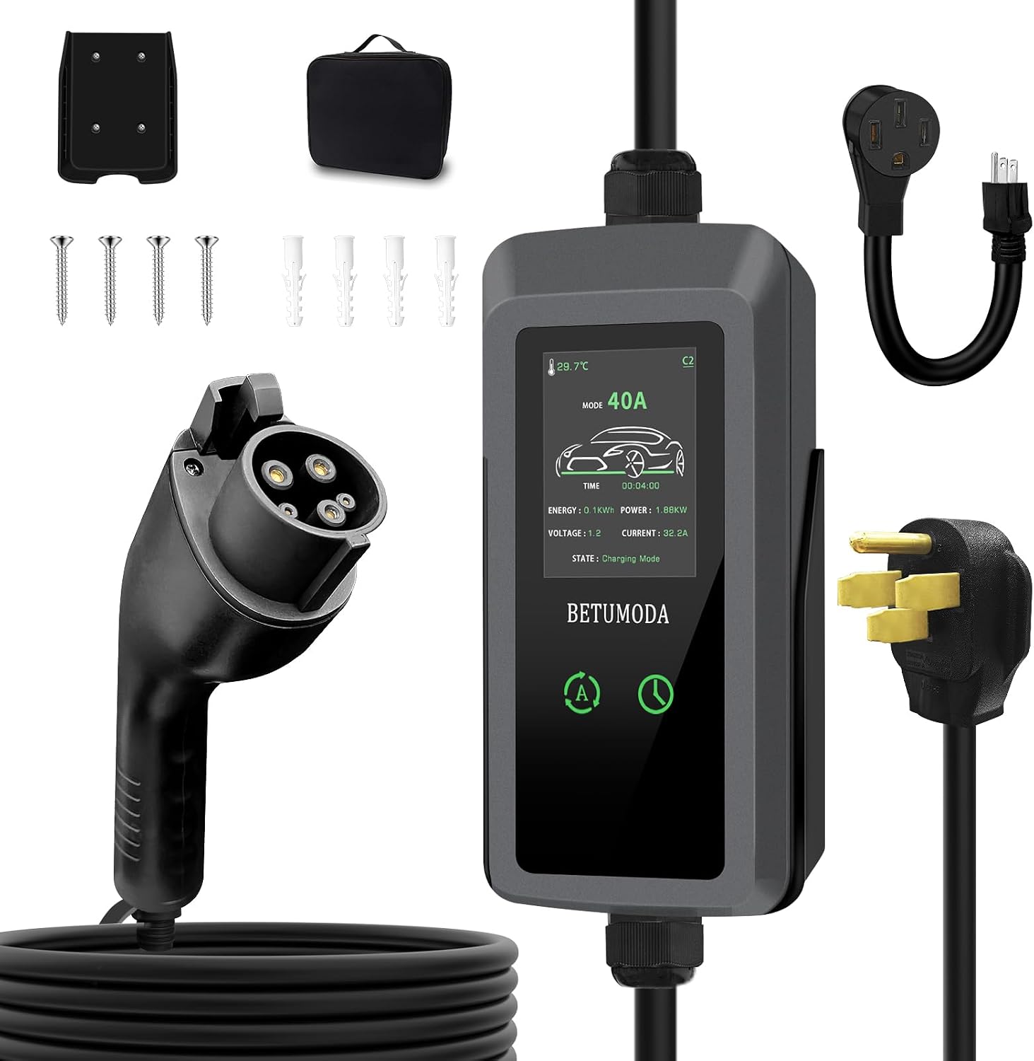 Level 2 EV Charger, 40 Amp 240V 9.6kW, 25ft Cable, LED Display
