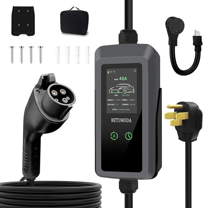 Carregador portátil para veículos elétricos Level 2 BETUMODA, 40 A, 240 V, 9,6 kW, cabo de 7,62 m, visor LED