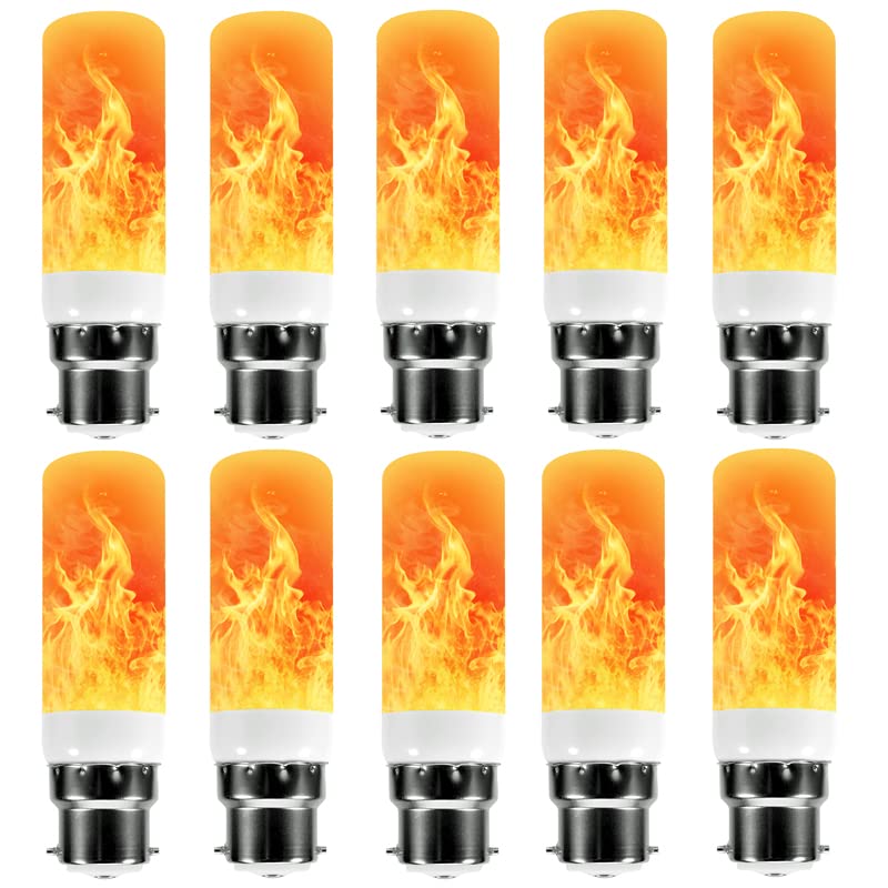 LED Flame Effect Light Bulb,E27/E14/E12/B22 5W Flickering Light Bulbs,3 Modes Candelabra Candle Fire Light Blubs,for Christmas Home Garden Party Decoration (10PCS B22)