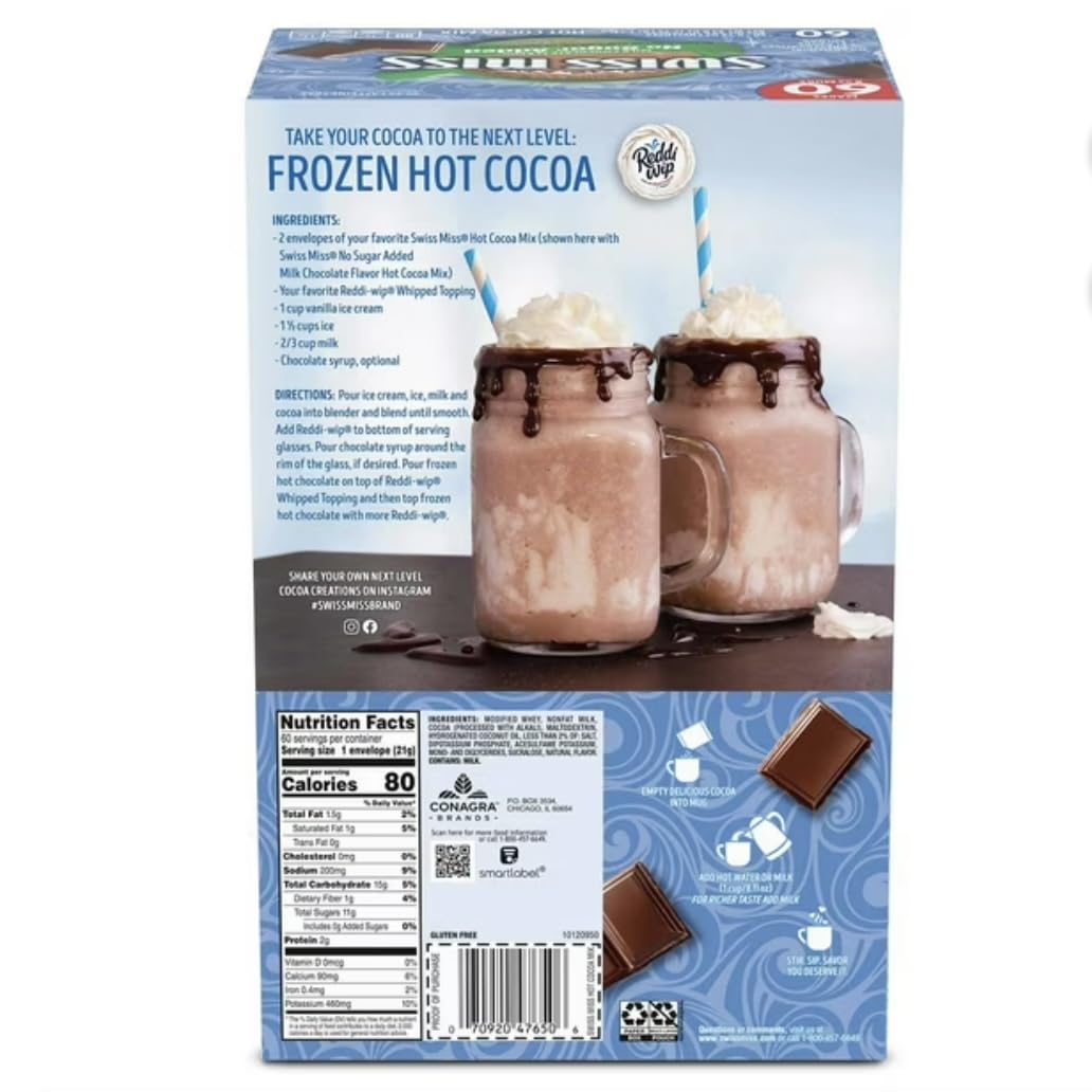 Swiss Miss Milk Chocolate No Sugar Added Hot Cocoa Mix, 60 Count