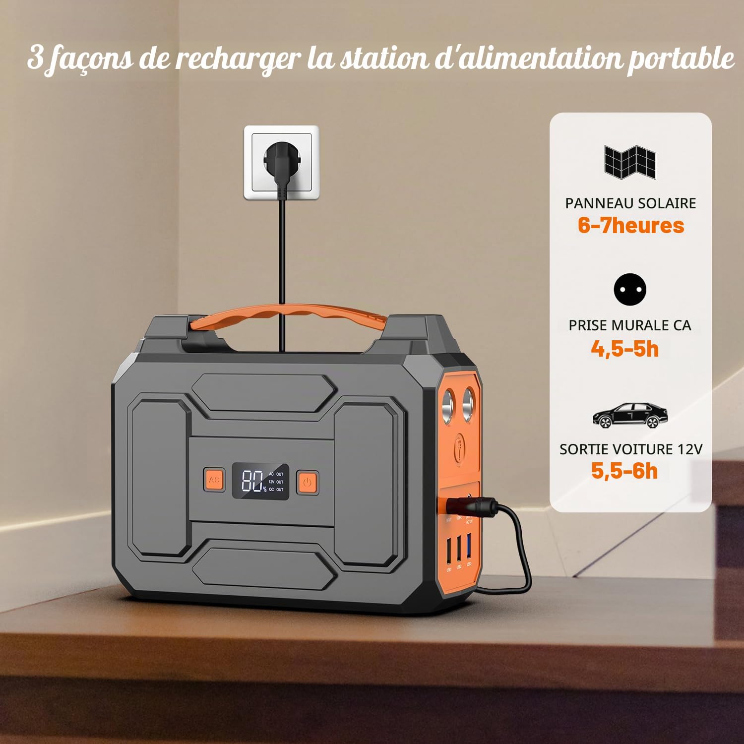Powkey Station d'alimentation portable 99 Wh/27000 mAh avec panneau solaire pliable 40-100 W, sortie AC 230 V / USB-A/USB-C 18 W pour camping-car, camping, noir/orange