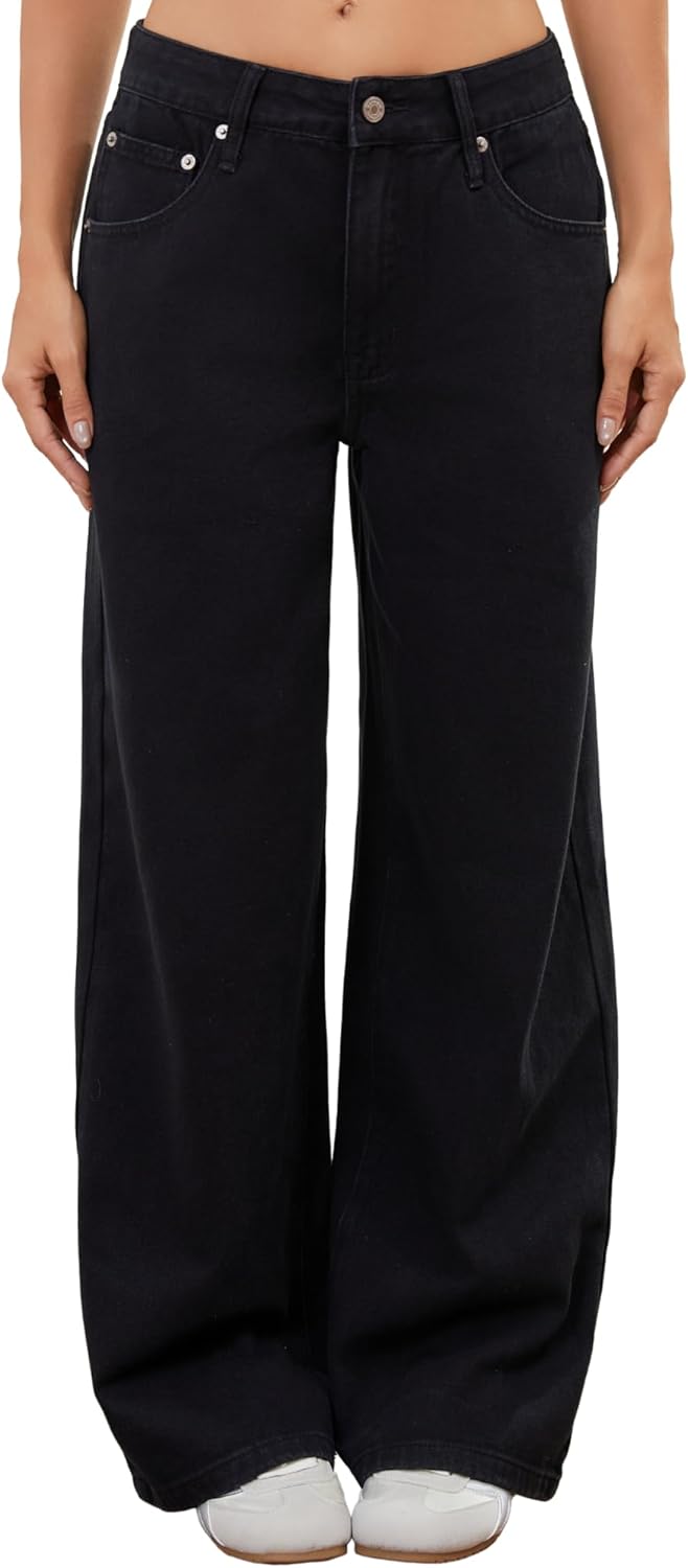 Adjustable Waist Straight Leg Jeans for Women Y2K Baggy Jeans with Snap-Button Mid Low Rise Denim Pants