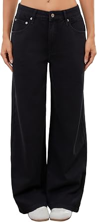 Adjustable Waist Straight Leg Jeans for Women Y2K Baggy Jeans with Snap-Button Mid Rise Denim Pants