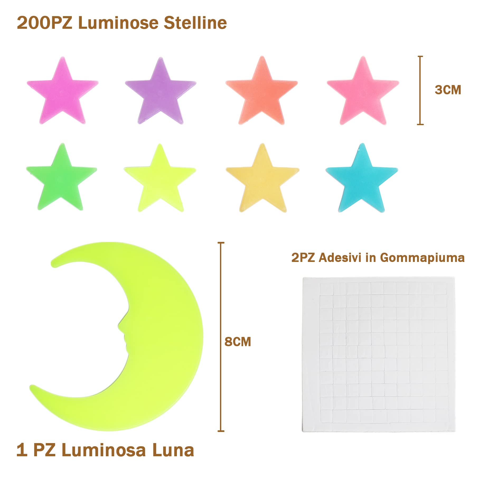 Stelle Fluorescenti Adesive Soffitto 200 Pezzi 3D Stelle e Luna Luminose Parete Decorazione Camera Bambini