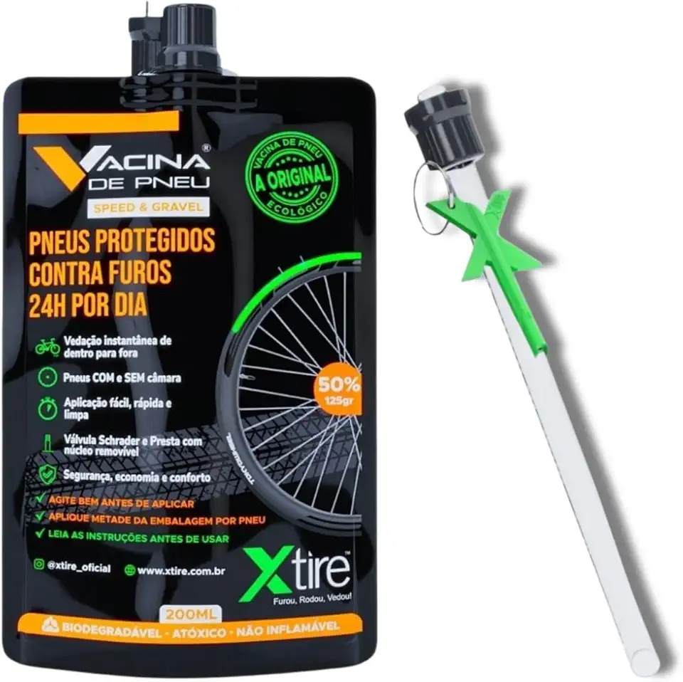 Xtire Vacina de Pneu Speed & Gravel, Selante Antifuro para Bicicleta, Fórmula Líquida Biodegradável, 200ml, Aplicação para 2 Pneus