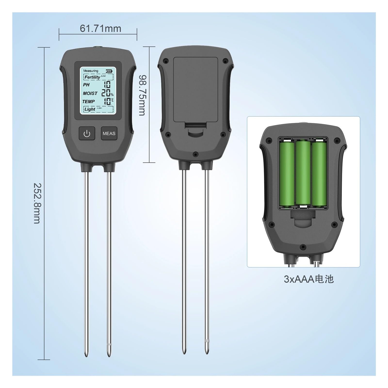 Tester del suolo 5 in 1 for PH Umidità Fertilità Temperatura Luce solare, Analizzatore analogico da giardino