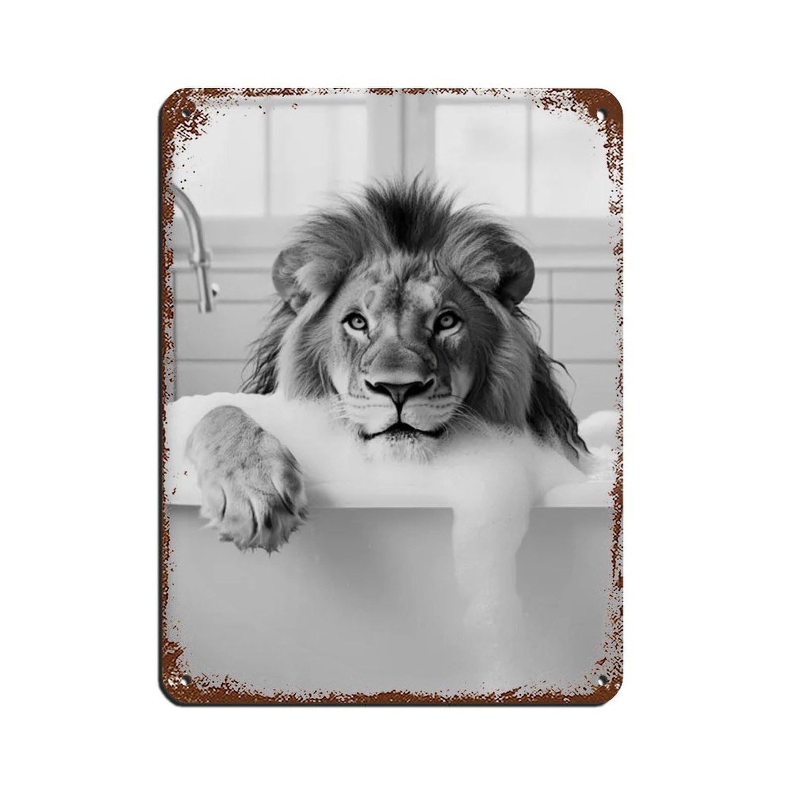 Lion in The Bathtub, Funny Bathroom Art Tin Sign Vintage Metal Pub Club Cafe Bar Home Wall Art Decoration Poster Retro 12x16inch(30x40cm)